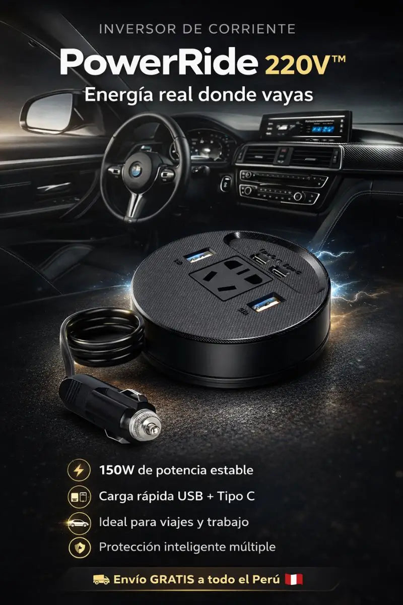INVERSOR DE CORRIENTE - PowerRide 220Vᵀᴹ - 150w + 🎁REGALO + ⭐GARANTIA 6 MESES